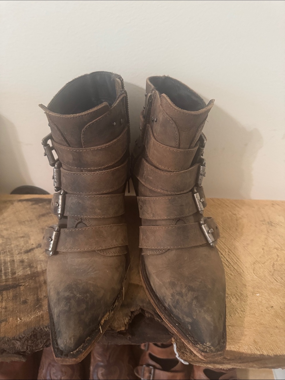 Liberty Black Brown Distressed Leather Buckle Ankle Boots